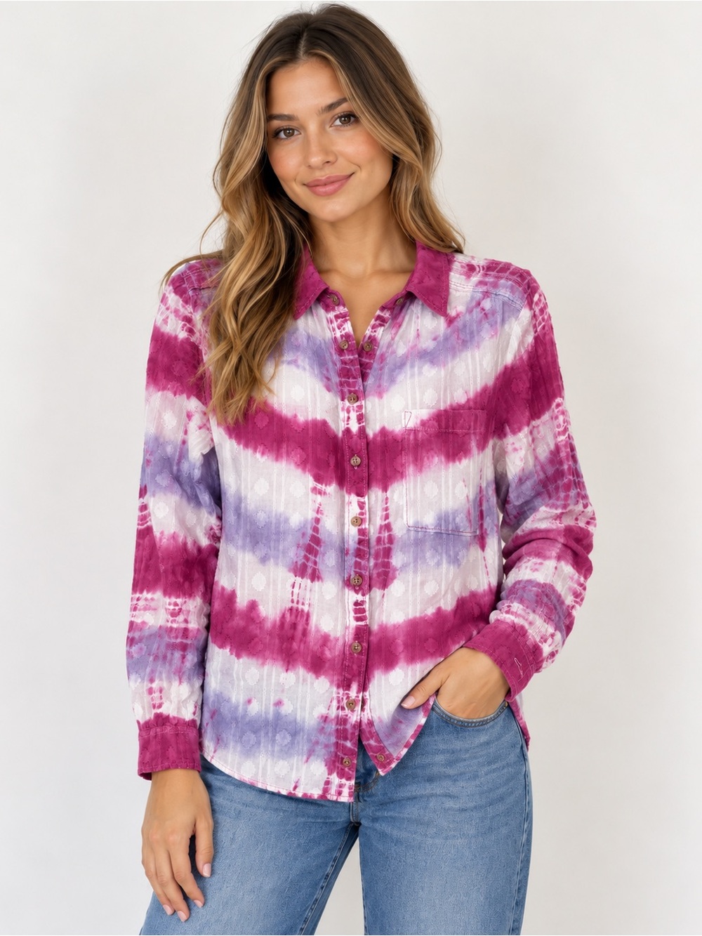 Anthropologie Pink & Lavender Tie-Dye Button-Up Blouse